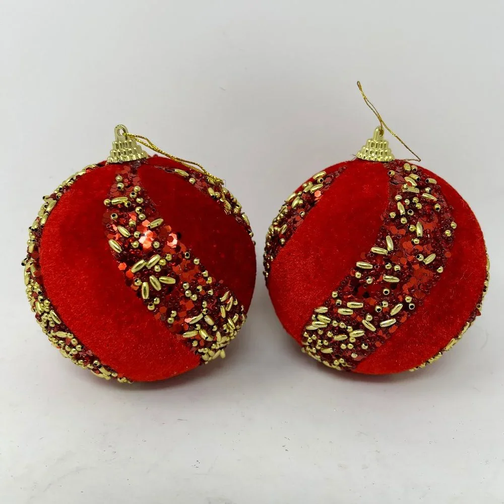 Pair Vntg Christmas Tree Ornaments Holiday Handmade Red Flocked Balls w/ Beads